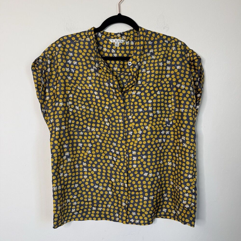 Cabi 100% Silk Blouse #183 Small Clover Polka Dots Oversized Boxy Button Up Top